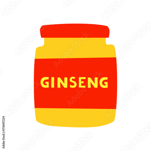 Hand drawn flat ginseng supplement in bottle isolated on white background.