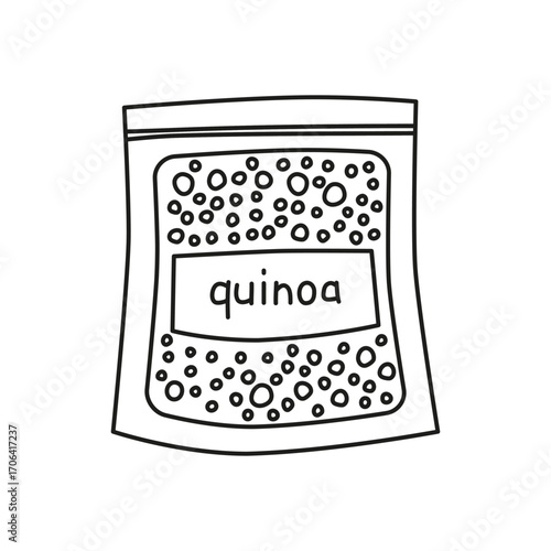 Cute hand drawn outline quinoa mix in packet isolated on white background. Hand written text. Plant based protein.