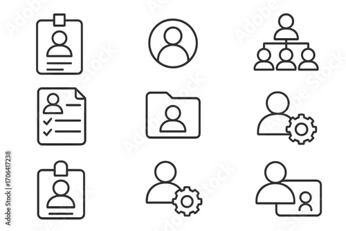 Human Resources Icons. Line style icons of HR and identity: ID badge, user profile, team chart, attendance icon; onboarding sheet,