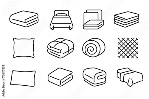 Textile Line Icons. Line style icons of textiles and linens: folded blanket, bedspread, linen set, sheet stack; throw pillow,