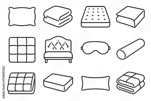 Sleeping Essentials Icons. Line style icons of sleeping essentials: pillow, blanket, mattress, bedsheet; comforter, headboard,