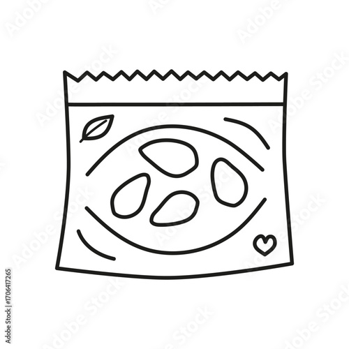 Hand drawn outline pumpkin seeds in packet isolated on white background. Vegan high protein.