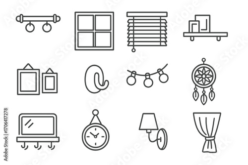 Wall Decor Icons. Line style icons of wall and window details: curtain rod, window frame, blind slats, wall shelf; art prints,