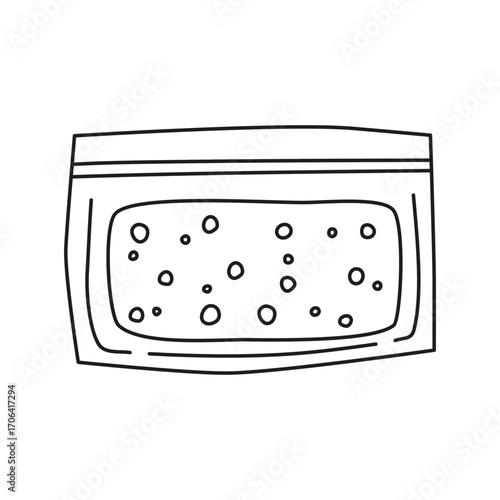 Hand drawn outline tofu in plastic package isolated on white background. Plant based protein. Vegan raw soy cheese.