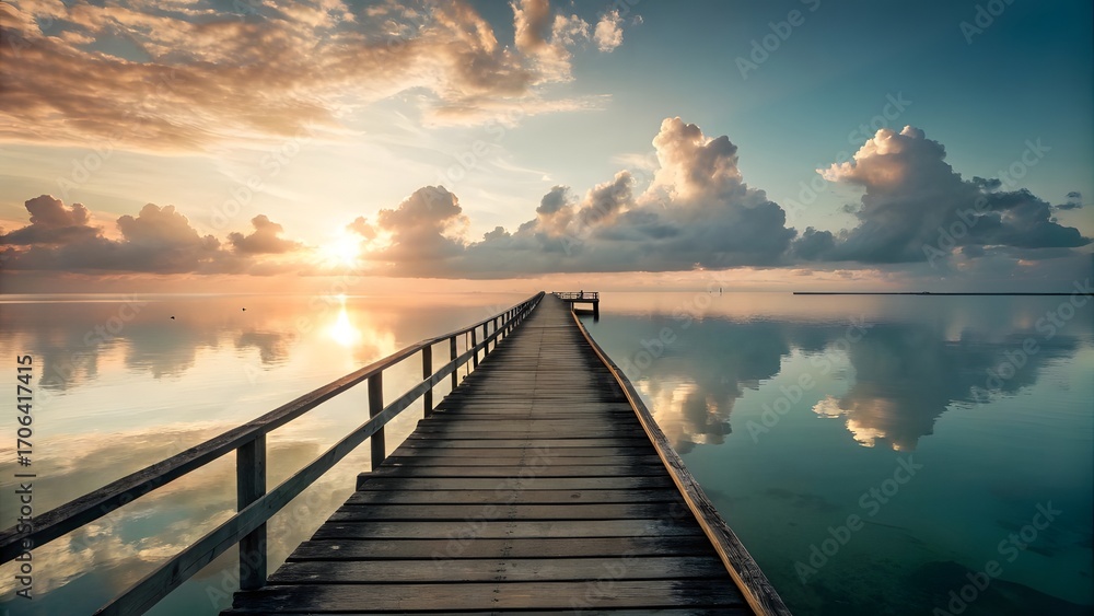 Fototapeta premium Serene Sunset Over Calm Ocean with Wooden Pier Leading to Horizon