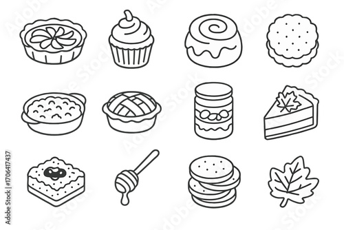 Picnic Dessert Icons. Line style icons of picnic desserts: apple tart, pumpkin cupcake, cinnamon bun, shortbread cookie; fruit