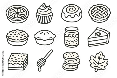 Picnic Dessert Icons. Line style icons of picnic desserts: apple tart, pumpkin cupcake, cinnamon bun, shortbread cookie; fruit