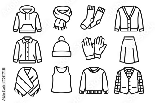 Layered Outfit Icons. Line style icons of layered outfits: hoodie, knit scarf, thick socks, cardigan; jacket with buttons, beanie