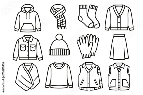 Layered Outfit Icons. Line style icons of layered outfits: hoodie, knit scarf, thick socks, cardigan; jacket with buttons, beanie