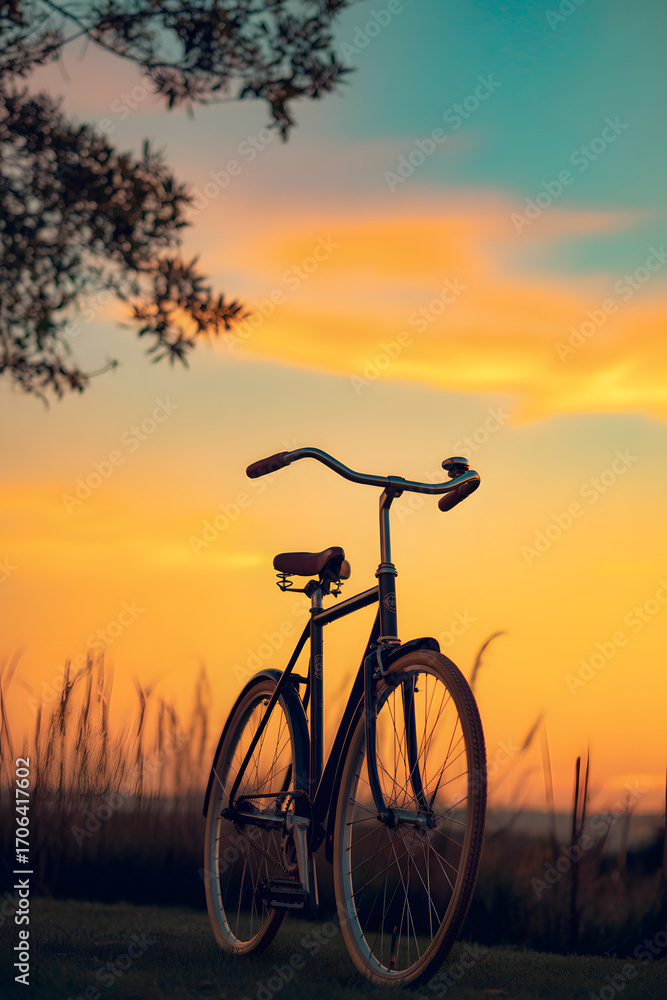 Obraz premium Sunset Bicycle Silhouette: A vintage bicycle stands silhouetted against a stunning sunset backdrop, with its curved handlebars and detailed frame showcased in a picturesque outdoor scene. 