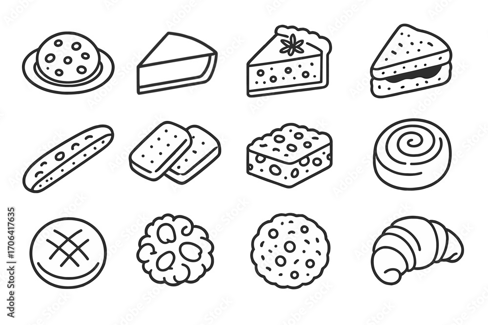 Seasonal Sweet Icons. Line style icons of seasonal sweet pairings: cookie on plate, slice of pie, spiced cake, scone with jam;