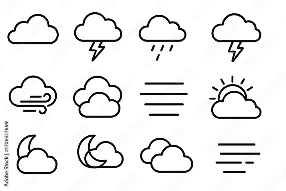 Cloud Icon Variations. Line style icons of cloud and sky variations: fluffy cloud, stormy cloud, cloud with drizzle, cloud with