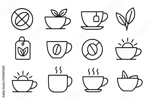 Caffeine Icon Collection. Line style icons of caffeine types and styles: decaf icon, green tea, black tea, rooibos leaf; herbal