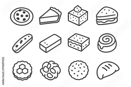 Seasonal Sweet Icons. Line style icons of seasonal sweet pairings: cookie on plate, slice of pie, spiced cake, scone with jam;