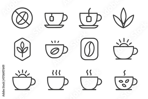 Caffeine Icon Collection. Line style icons of caffeine types and styles: decaf icon, green tea, black tea, rooibos leaf; herbal