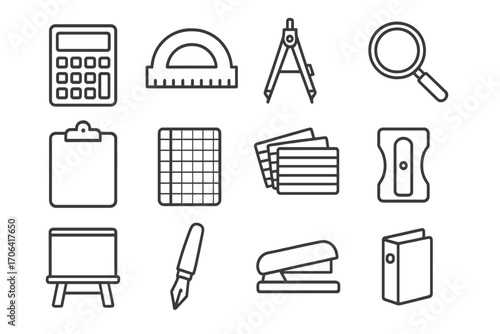 Study Tool Icons. Line style icons of study tools: calculator, protractor, compass, magnifying glass; clipboard, graph paper,