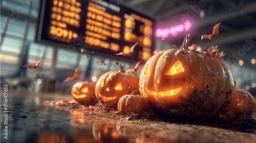 Spooky flight schedule with Airport Halloween flight board, airport Halloween flight board glowing, airport Halloween flight board festive design , Halloween travel design