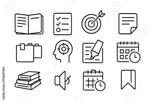 Study Habits Icons. Line style icons of study habits and organization: open planner, checklist, goal arrow, notes page; sticky