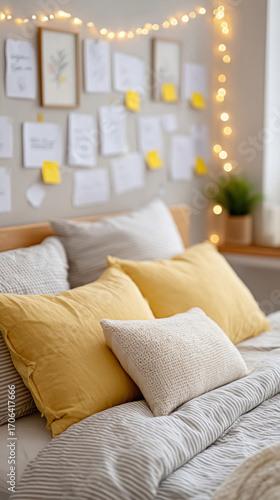 Cozy bedroom with yellow pillows and inspirational wall notes