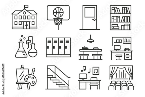School Icons Collection. Line style icons of school building and rooms: school facade, gymnasium, classroom door, library shelves;
