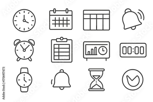 School Schedule Icons. Line style icons of school schedule and time: wall clock, calendar, weekly planner, bell icon; alarm clock,