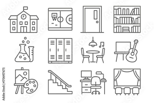 School Icons Collection. Line style icons of school building and rooms: school facade, gymnasium, classroom door, library shelves;