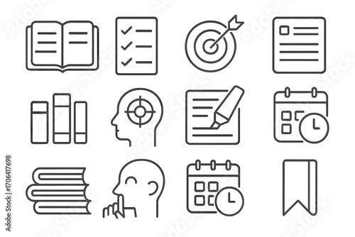 Study Habits Icons. Line style icons of study habits and organization: open planner, checklist, goal arrow, notes page; sticky