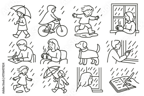 Rainy Day Activities Icons. Line style icons of activities in the rain: walking with umbrella, biking with poncho, jumping puddles