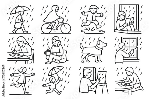 Rainy Day Activities Icons. Line style icons of activities in the rain: walking with umbrella, biking with poncho, jumping puddles