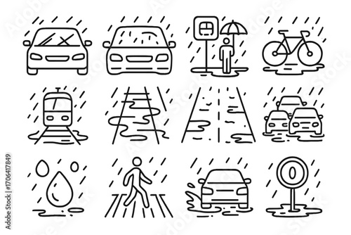 Rainy Commute Icons. Line style icons of transportation in rain: car with wipers, rainy windshield, umbrella at bus stop, wet bike