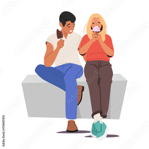 Cute loving couple of girlfriend and boyfriend tasting ice-cream together enjoying dating time