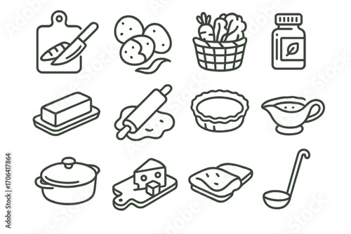 Thanksgiving Food Icons. Line style icons of Thanksgiving food prep: chopping board, peeled potatoes, vegetable basket, spice jar;