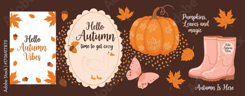 Cozy autumn season design elements banner featuring vibrant fall leaves, pumpkins, and stylish rain boots, ideal for festive greetings, promotions, and seasonal graphics