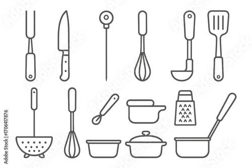 Thanksgiving Kitchen Icons. Line style icons of Thanksgiving kitchen tools: carving fork, chef’s knife, meat thermometer, cutting
