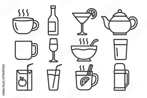 Thanksgiving Drinks Icons. Line style icons of Thanksgiving drinks: hot cider, wine bottle, cocktail glass, teapot; coffee mug,