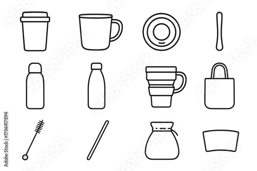 Reusable Coffee Gear Icons. Line style icons of reusable coffee gear: travel tumbler, stainless cup, silicone lid, bamboo stirrer;