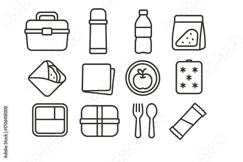 Lunch Icon Essentials. Line style icons of lunch and break essentials: lunchbox, thermos, water bottle, snack pouch; sandwich wrap