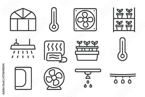 Greenhouse Gardening Icons. Line style icons of greenhouse gardening: greenhouse frame, temperature gauge, humidity fan, shelf