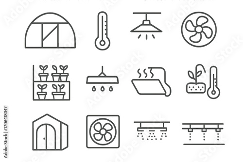 Greenhouse Gardening Icons. Line style icons of greenhouse gardening: greenhouse frame, temperature gauge, humidity fan, shelf