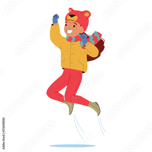 Pretty girl child cartoon character wearing funny winter hat jumping up high expressing happiness
