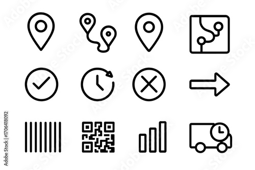 Delivery Status Icons. Line style icons of tracking and status: location pin, delivery route, GPS dot, map path; checkmark icon,