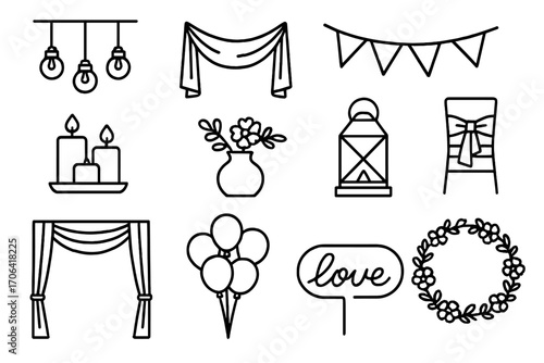 Decorative Line-Art Icons. Line style icons of decorative elements: hanging lights, draped fabric, garland, table runner; candle