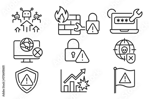 Cybersecurity Icons Collection. Line style icons of cyber attack protection: DDoS icon, firewall spike, brute force attempt,