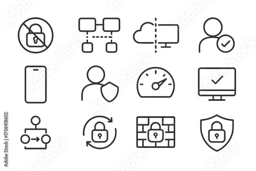 Zero Trust Icons. Line style icons of zero trust architecture: access denied icon, micro-segmentation, trust boundary, always