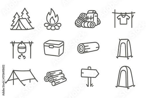 Campsite Icon Collection. Line style icons of campsite setup: tent with trees, fire ring, gear pile, hanging lantern; cooking area
