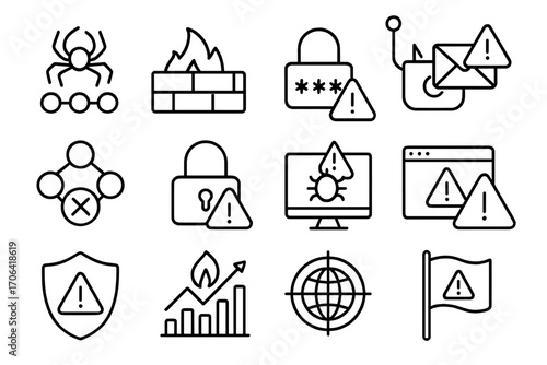 Cybersecurity Icons Collection. Line style icons of cyber attack protection: DDoS icon, firewall spike, brute force attempt,