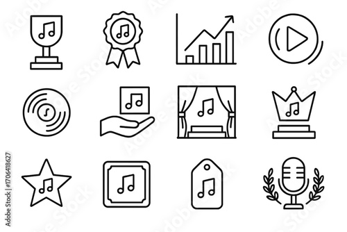 Music Awards Icons. Line style icons of music awards and recognition: music trophy, award ribbon, hit chart, top stream icon; gold