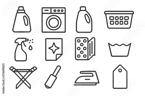 Laundry Care Icons. Line style icons of laundry and fabric care: detergent bottle, washing machine, fabric softener, laundry