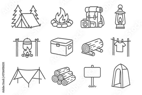 Campsite Icon Collection. Line style icons of campsite setup: tent with trees, fire ring, gear pile, hanging lantern; cooking area