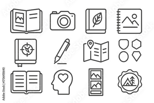 Journaling Icon Collection. Line style icons of journaling and memory keeping: travel notebook, camera icon, leaf press,